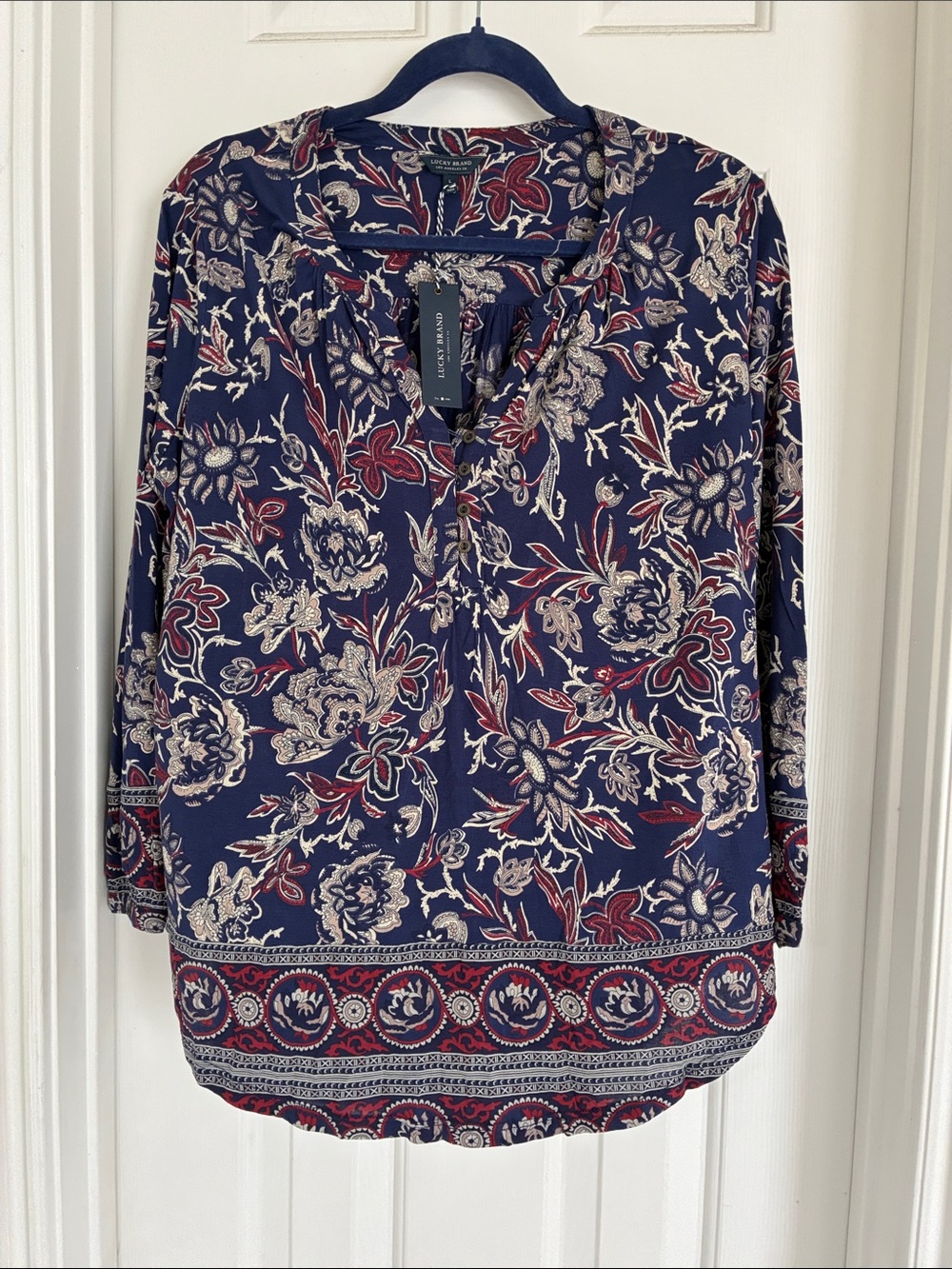 Lucky Brand Navy Floral Split-Neck Tunic with Red and Cream Accents